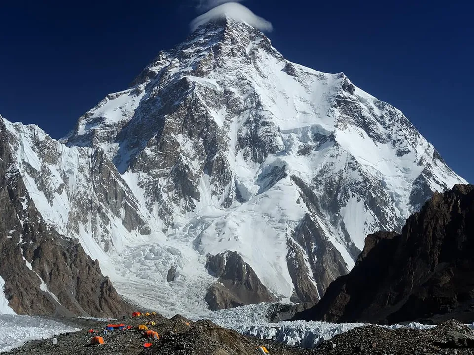 K2's steep snow-and-rock pyramid rising above the Karakoram glaciers