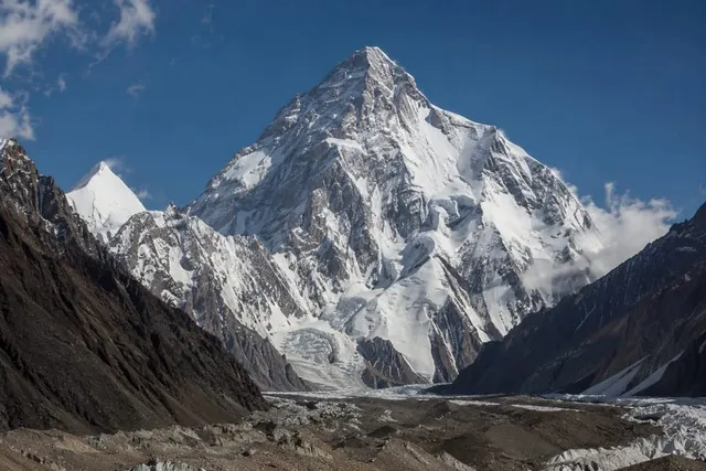 K2's steep pyramid rising above the Baltoro glacier in the Karakoram