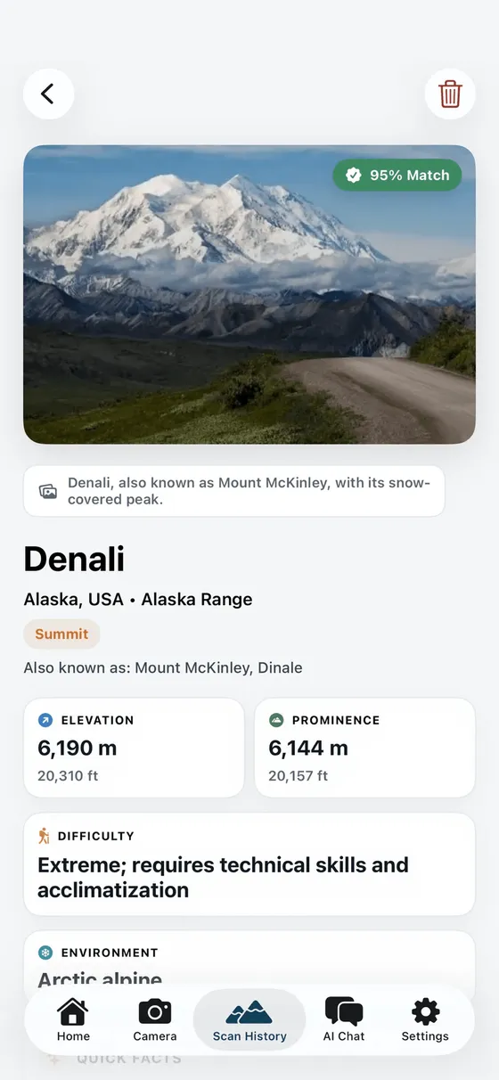Mountain Identifier result screen identifying Denali in the Alaska Range with a 95% match and 6,190 m elevation