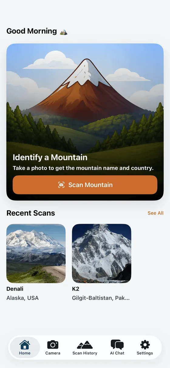 Mountain Identifier home screen with a Scan Mountain button and recent scans for Denali and K2