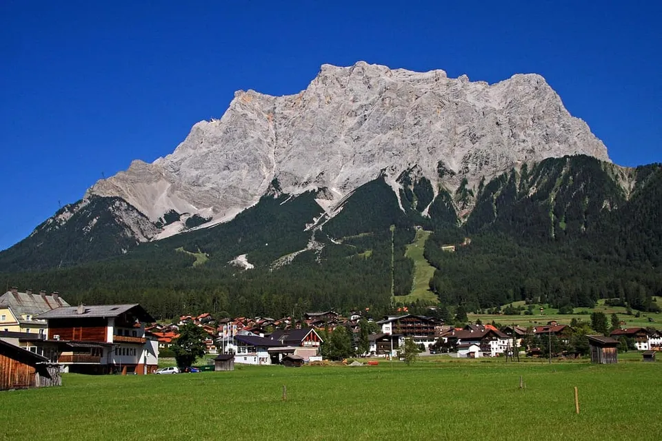 The Zugspitze's limestone massif seen across the Eibsee